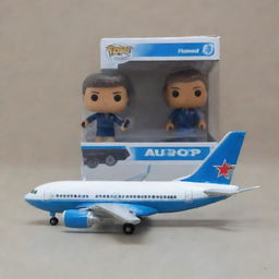 Amend the previous image to include a plane detail. Not only does the Funko pop figure represent an airline sales agent, but now it is accompanied by a small, stylistically matching airplane.