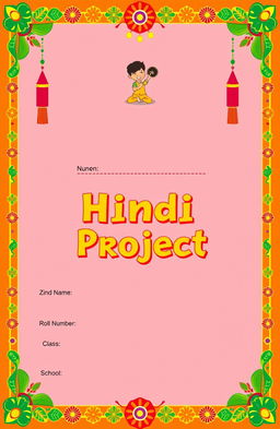 A creative and colorful cover page design for a Hindi project, featuring an animated illustration with vibrant borders