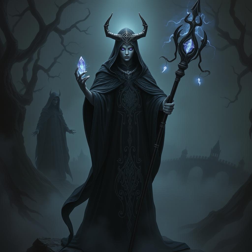 A Shadar-Kai Priest stands in a dark, ethereal realm, surrounded by shadowy mist and arcane symbols