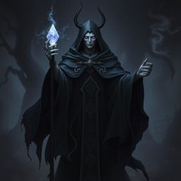 A Shadar-Kai Priest stands in a dark, ethereal realm, surrounded by shadowy mist and arcane symbols