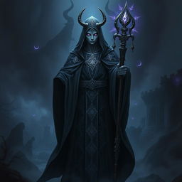 A Shadar-Kai Priest stands in a dark, ethereal realm, surrounded by shadowy mist and arcane symbols