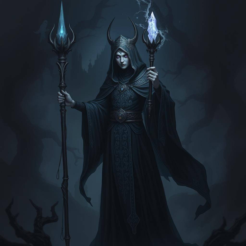 A Shadar-Kai Priest stands in a dark, ethereal realm, surrounded by shadowy mist and arcane symbols