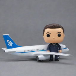 Amend the previous image to include a plane detail. Not only does the Funko pop figure represent an airline sales agent, but now it is accompanied by a small, stylistically matching airplane.