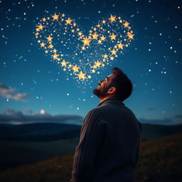 A man gazing at the night sky filled with luminous stars forming a heart shape