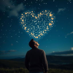 A man gazing at the night sky filled with luminous stars forming a heart shape