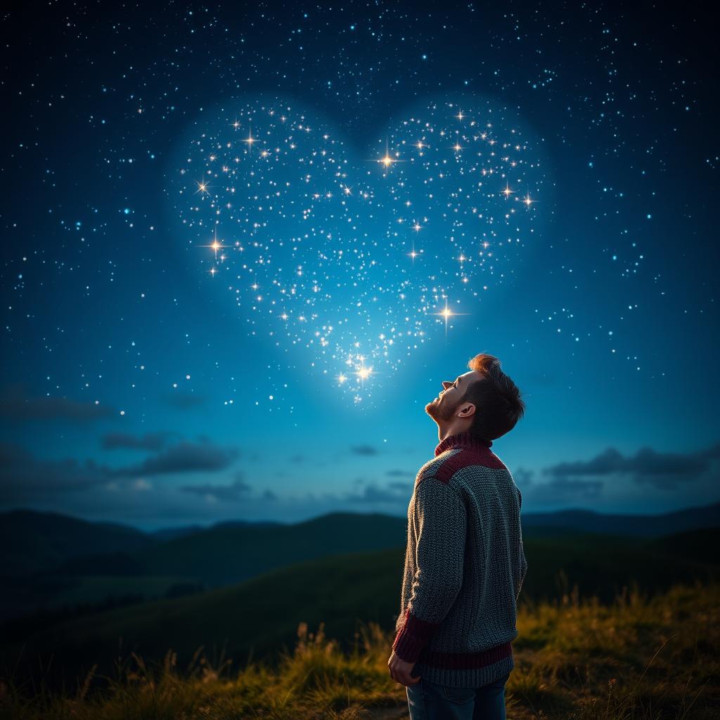 A man gazing at the night sky filled with luminous stars forming a heart shape