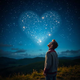 A man gazing at the night sky filled with luminous stars forming a heart shape