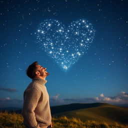 A man gazing at the night sky filled with luminous stars forming a heart shape