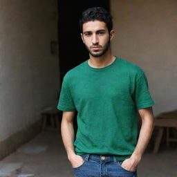 The scene around the young Arabic man, attired in a bottle green t-shirt and blue jeans, is made darker. This creates an intriguing contrast and lends a sense of mystery to the image.