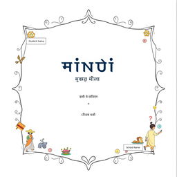 A pastel-colored cover page design for a Hindi project, featuring an animated illustration with a decorative border