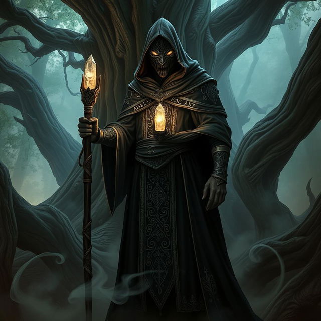 A Shadar-Kai male priest standing in a mystical forest