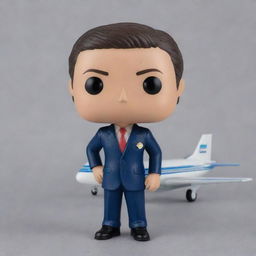 Amend the previous image to include a plane detail. Not only does the Funko pop figure represent an airline sales agent, but now it is accompanied by a small, stylistically matching airplane.