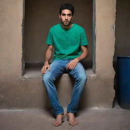 The scene around the young Arabic man, attired in a bottle green t-shirt and blue jeans, is made darker. This creates an intriguing contrast and lends a sense of mystery to the image.