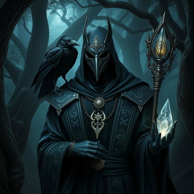 A Shadar-Kai male priest in an enchanting dark forest setting