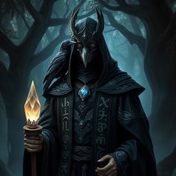 A Shadar-Kai male priest in an enchanting dark forest setting