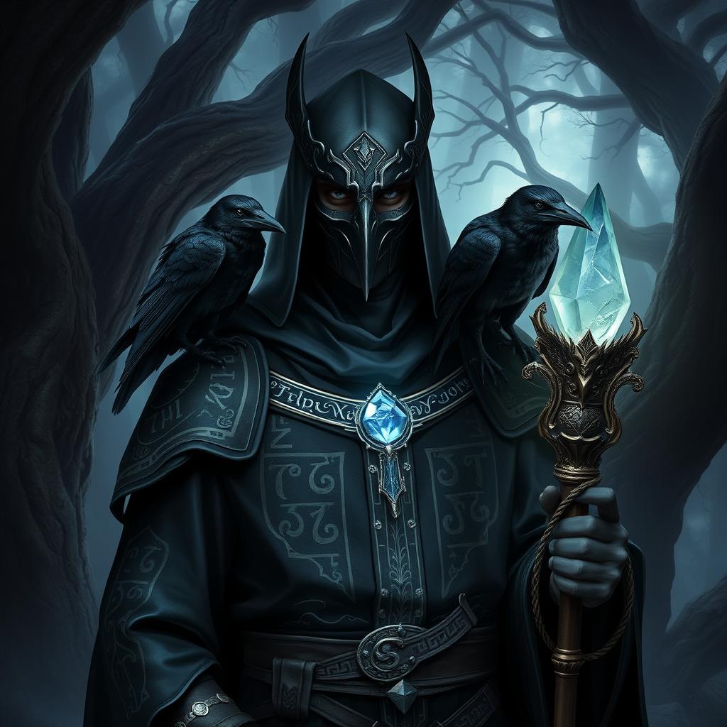 A Shadar-Kai male priest in an enchanting dark forest setting