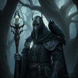 A Shadar-Kai male priest in an enchanting dark forest setting