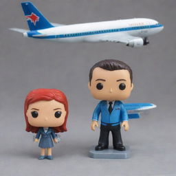 Amend the previous image to include a plane detail. Not only does the Funko pop figure represent an airline sales agent, but now it is accompanied by a small, stylistically matching airplane.