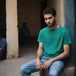 The scene around the young Arabic man, attired in a bottle green t-shirt and blue jeans, is made darker. This creates an intriguing contrast and lends a sense of mystery to the image.