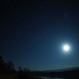 A captivating night sky illuminated by a full moon, casting a silvery glow over the landscape