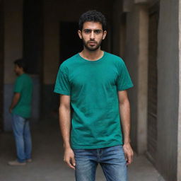 The scene around the young Arabic man, attired in a bottle green t-shirt and blue jeans, is made darker. This creates an intriguing contrast and lends a sense of mystery to the image.