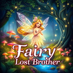 An enchanting book cover for 'Fairy the Lost Brother', featuring a beautiful fairy with shimmering, translucent wings in a vibrant forest