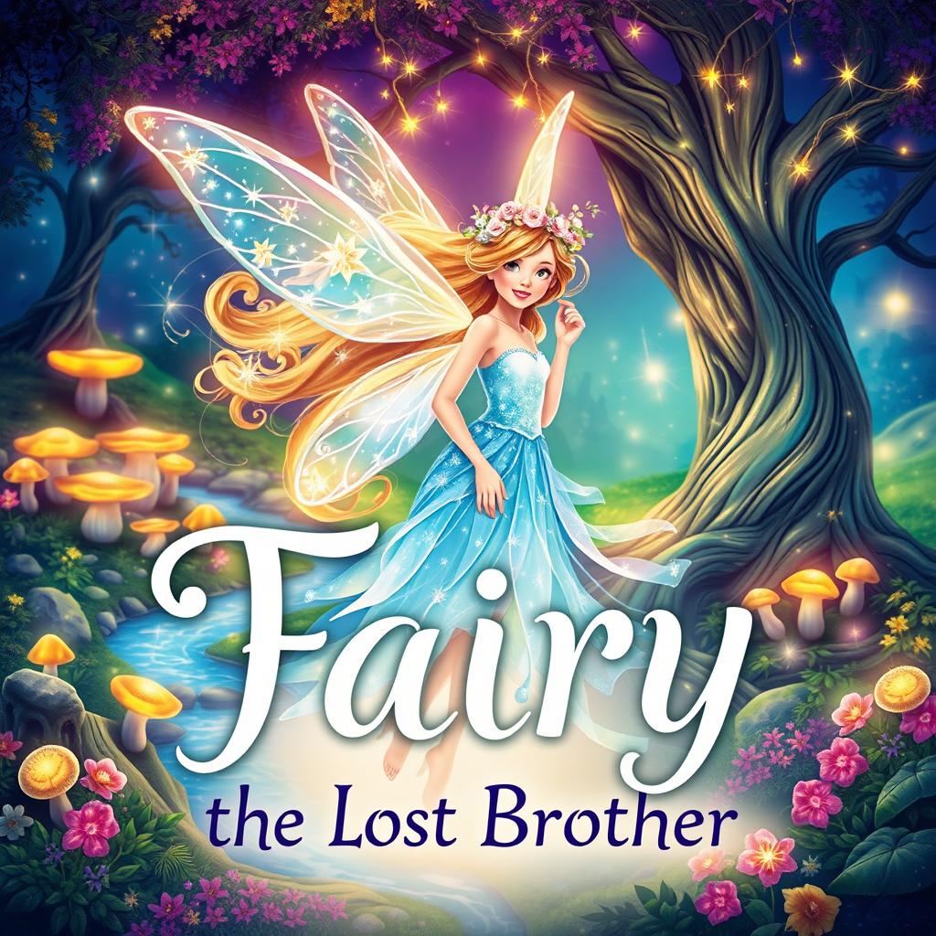 An enchanting book cover for 'Fairy the Lost Brother', featuring a beautiful fairy with shimmering, translucent wings in a vibrant forest