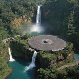 Incorporate an image of a helipad nestled at a breathtaking waterfall location on Jurassic Park's Isla Nublar. John Hammond, the park's creator, is overseeing its construction, reinforcing the adventurous spirit of this prehistoric utopia.