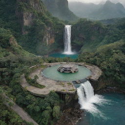 Incorporate an image of a helipad nestled at a breathtaking waterfall location on Jurassic Park's Isla Nublar. John Hammond, the park's creator, is overseeing its construction, reinforcing the adventurous spirit of this prehistoric utopia.