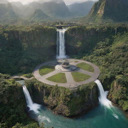 Incorporate an image of a helipad nestled at a breathtaking waterfall location on Jurassic Park's Isla Nublar. John Hammond, the park's creator, is overseeing its construction, reinforcing the adventurous spirit of this prehistoric utopia.