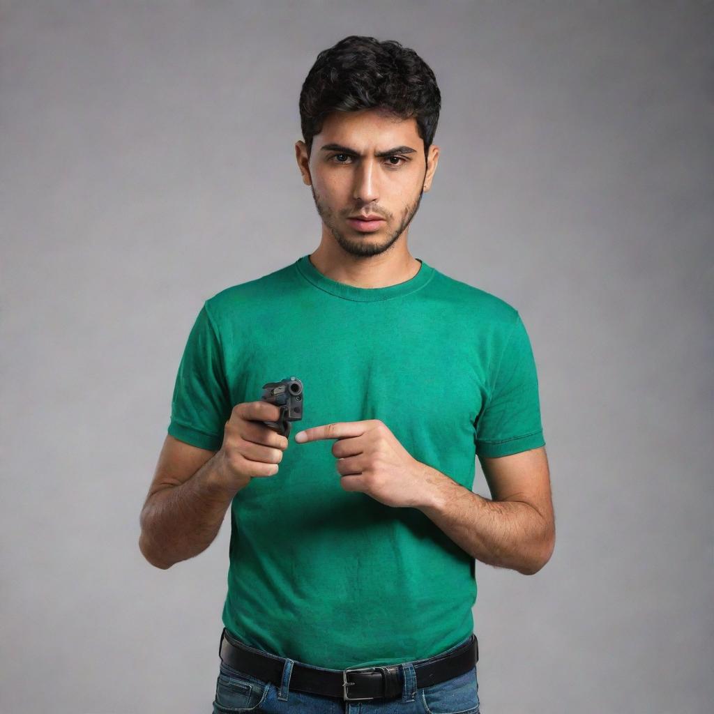 In the darker setting, the young Arabic man sporting a bottle green t-shirt with blue jeans now confidently holds a pistol in his hand, adding a level of intensity to his persona.