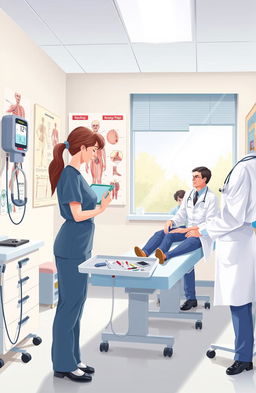 A detailed and visually engaging illustration of a medical examination room, showcasing various medical equipment such as a stethoscope, blood pressure monitor, and anatomical charts on the walls