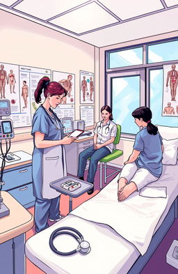 A detailed and visually engaging illustration of a medical examination room, showcasing various medical equipment such as a stethoscope, blood pressure monitor, and anatomical charts on the walls