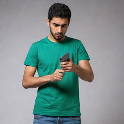 In the darker setting, the young Arabic man sporting a bottle green t-shirt with blue jeans now confidently holds a pistol in his hand, adding a level of intensity to his persona.