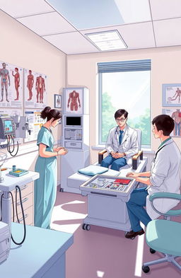 A detailed and visually engaging illustration of a medical examination room, showcasing various medical equipment such as a stethoscope, blood pressure monitor, and anatomical charts on the walls