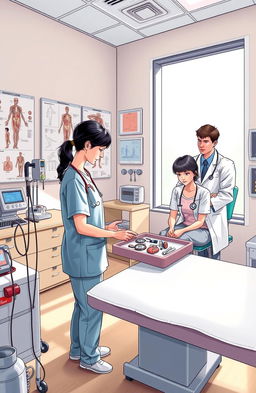 A detailed and visually engaging illustration of a medical examination room, showcasing various medical equipment such as a stethoscope, blood pressure monitor, and anatomical charts on the walls