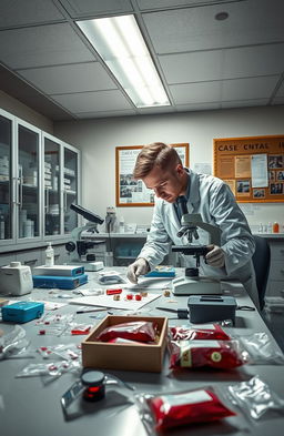 A detailed scene depicting a medicolegal expert analyzing evidence in a forensic laboratory