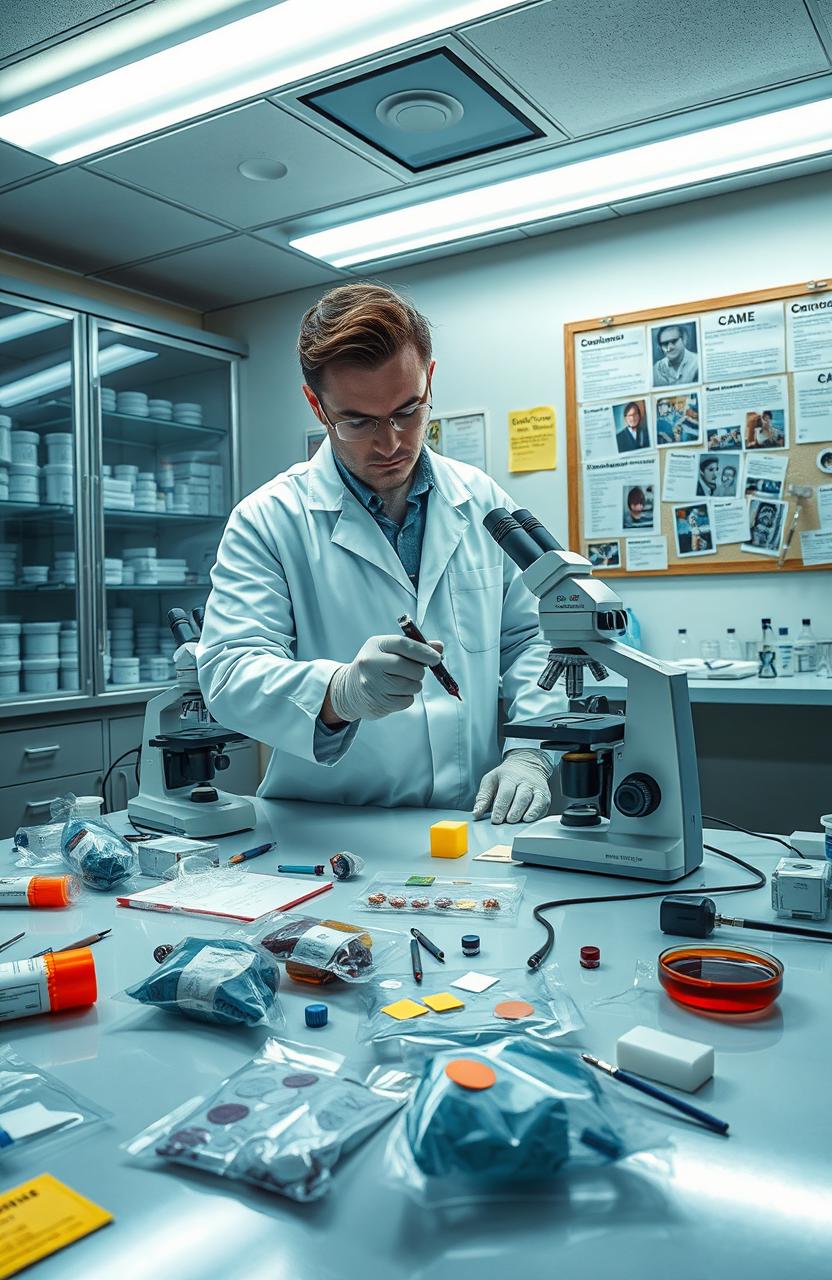 A detailed scene depicting a medicolegal expert analyzing evidence in a forensic laboratory