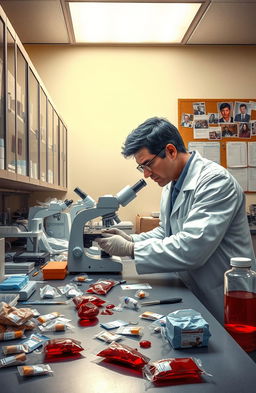 A detailed scene depicting a medicolegal expert analyzing evidence in a forensic laboratory