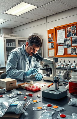 A detailed scene depicting a medicolegal expert analyzing evidence in a forensic laboratory