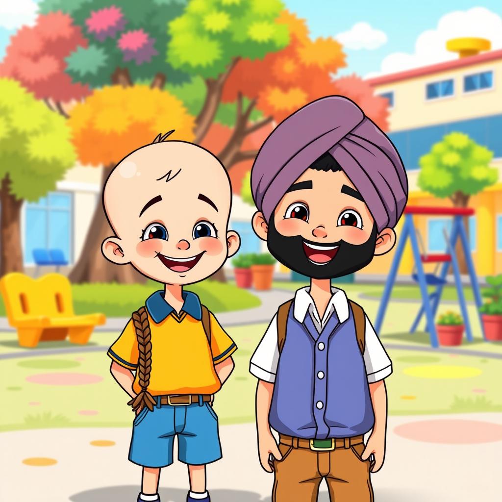 A cartoon scene featuring two cute little school boys