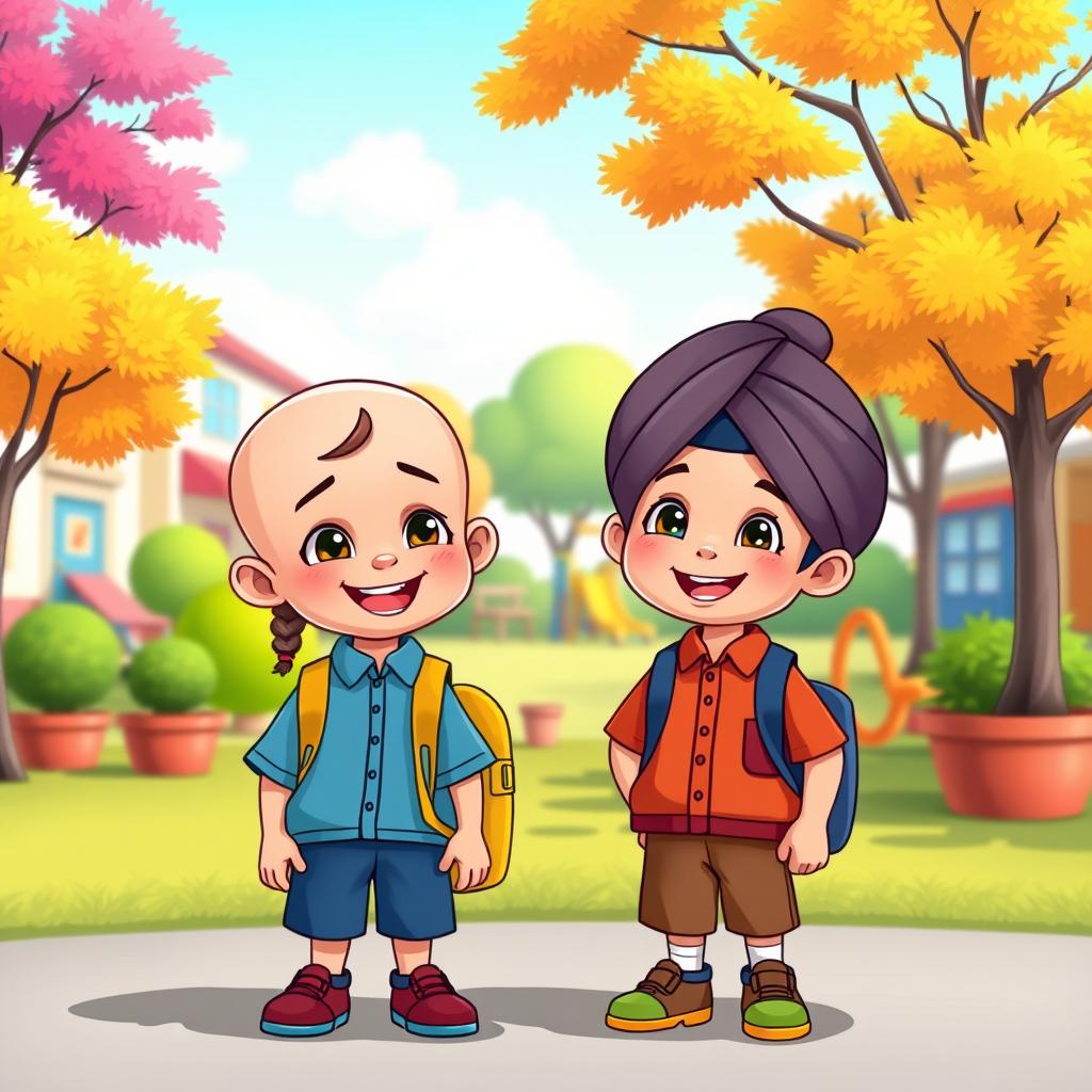 A cartoon scene featuring two cute little school boys