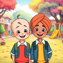 A cartoon scene featuring two cute little school boys