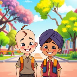 A cartoon scene featuring two cute little school boys