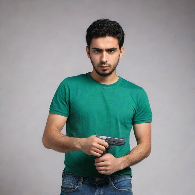 In the darker setting, the young Arabic man sporting a bottle green t-shirt with blue jeans now confidently holds a pistol in his hand, adding a level of intensity to his persona.