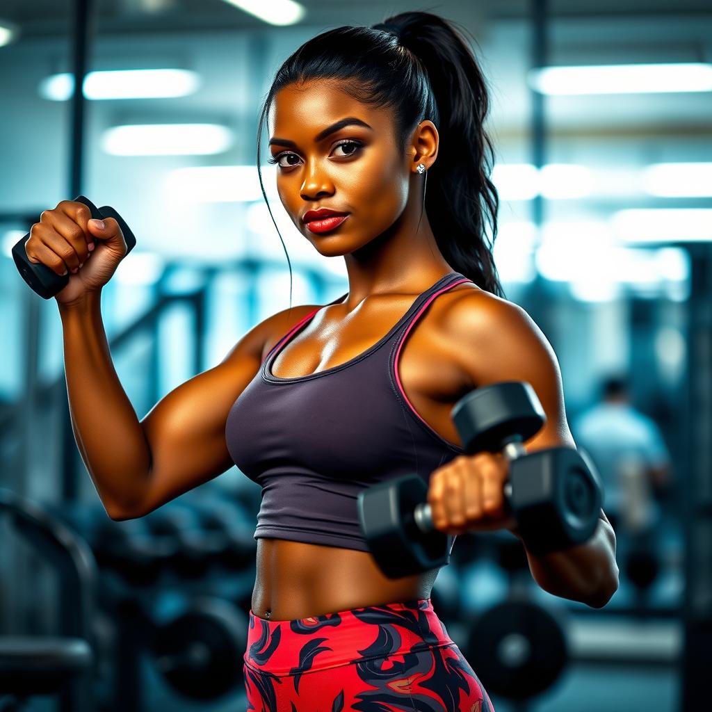 A strong and determined young woman named Tiana, confidently lifting dumbbells in a modern gym