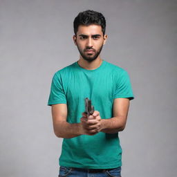 Placed in a dark room, the young Arabic man in a bottle green t-shirt and blue jeans is now holding a pistol, creating an aura of suspense and intrigue.