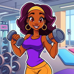 A vibrant animated vector illustration of Tiana from Disney's The Princess and the Frog, showcasing her in a gym setting