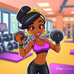 A vibrant animated vector illustration of Tiana from Disney's The Princess and the Frog, showcasing her in a gym setting