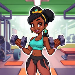 A vibrant animated vector illustration of Tiana from Disney's The Princess and the Frog, showcasing her in a gym setting